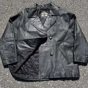 Vintage Outbrook Black Leather Car Coat Mens L Double Breasted Quilted